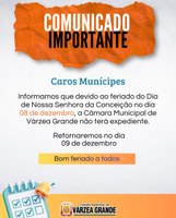 Câmara informa suspensão do expediente no feriado de 8 de dezembro