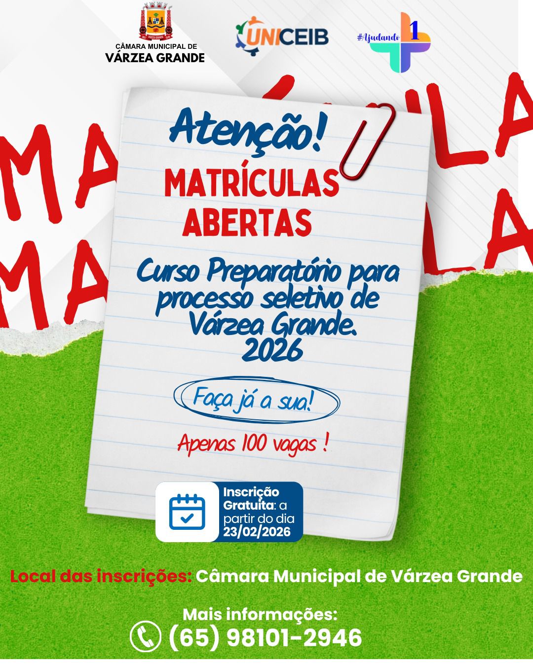 Câmara Municipal de Várzea Grande oferece curso preparatório para processo seletivo
