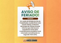 Câmara suspende atendimento feriado Dia do Trabalhador em Várzea Grande