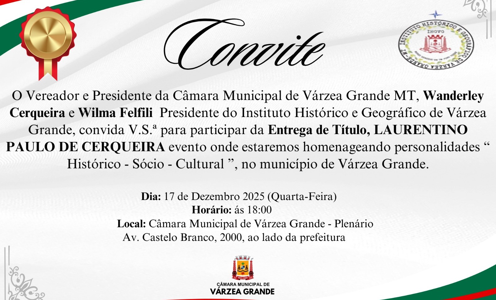 Wanderley Cerqueira convida para solenidade de entrega do Título “Laurentino Paulo Cerqueira”